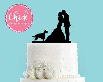 Couple Kissing with English Setter Dog Acrylic Wedding Cake Topper
