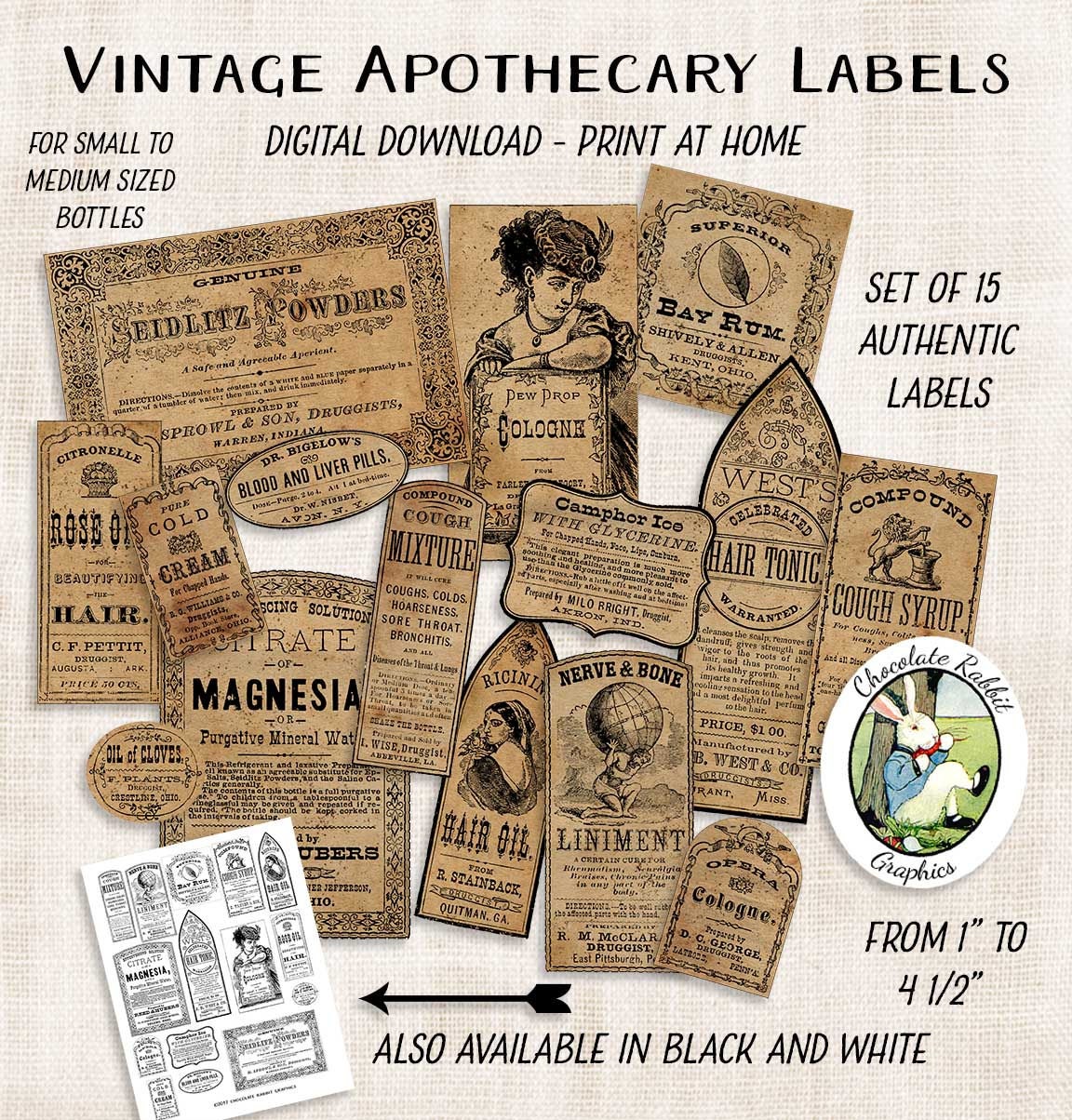vintage apothecary label collage sheet printable digital