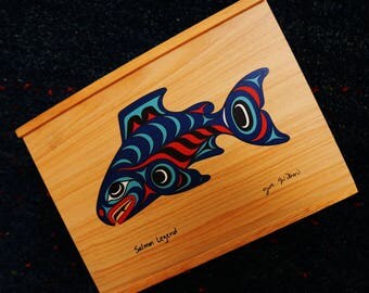 Vintage Wood Box Wooden Box Joe Wilson Salmon Legend Sliding Top
