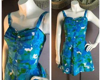 50s dress vintage 1950s BLUE GREEN HAWAIIAN Kahala nylon print tiki vlv bomshell bathing swim play suit
