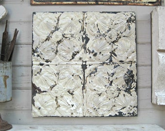 Antique Ceiling Tin Tile. Framed 2'x2' tile. Old Chippy Paint. Architectural salvage wall decor. Rustic primitive farmhouse decor.