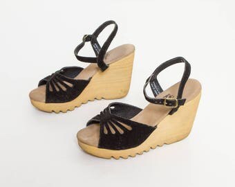 vintage 70s platform sandals black cutout shoes by Kinney