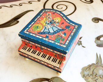 Vintage 60s MOD Piano Jewelry Box Dutch Girl Graphic made in Japan