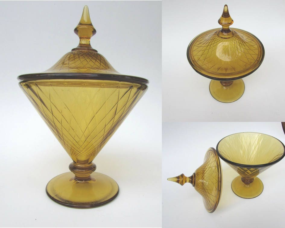 Amber Depression Glass COVERED CANDY DISH with lid Goldenrod