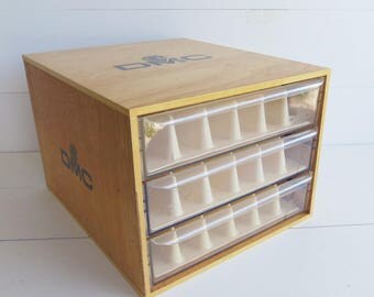 Vintage DMC Wooden Store Display, Embroidery Floss Storage Box, Craft Room Decor