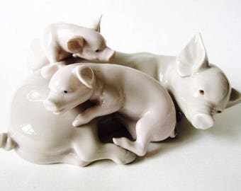 Lladro Playful Piglets Figurine 7", Vintage 1983 Porcelain Mother Pig & Piglets 5228
