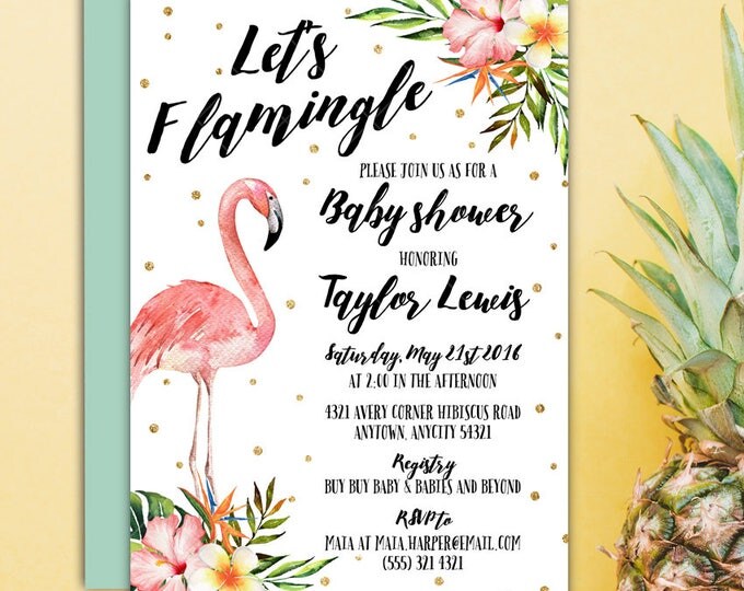 Let's Flamingle Pink Flamingo Birthday Party Invitation, Tropical Flamingo Hibiscus Floral Printable Birthday Invitation