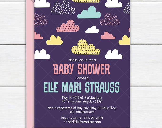 Girl Baby Shower Invitation, It's a Girl Baby Shower, Cute Rain and Clouds Pink Blue Yellow Digital Printable Baby Shower Invitation