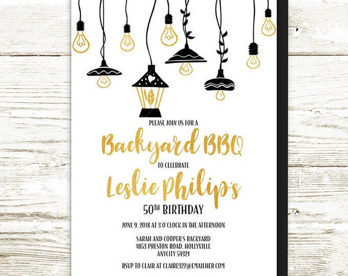 Backyard BBQ Barbecue Party Invitation, Adult Party Birthday Invitation, Black White Gold Lantern String Lights Printable Invitation