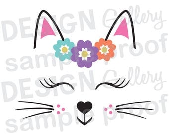 Kitty Cat Kitten Face - JPG, png & SVG, DXF cut file, Printable Digital, flowers, lashes, whiskers, nose, meow, purr-fect - Instant Download
