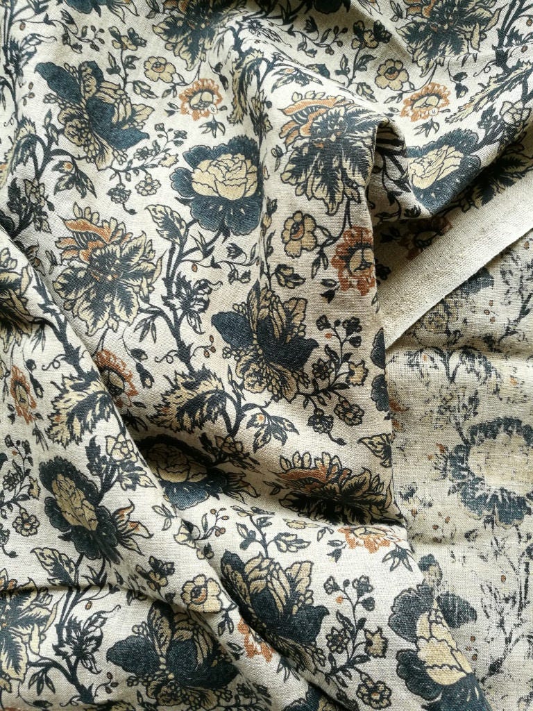 Pure linen fabric with print blue flowers on linen background / luxury ...