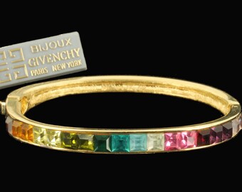 Vintage Bijoux Givenchy Rainbow Princess Cut Rhinestone Bangle Bracelet 6 1/2"