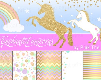 Unicorns And Background Papers Templates Unicorn Clipart Glitter Gold Digital Background Paper Clip Art Rainbow INSTANT DOWNLOAD