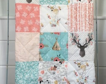 Baby Quilt, Minky Quilt, Baby Girl Quilt, Crib Bedding, Woodland Nursery, Coral Aqua Nursery, Deer nursery, Teepee