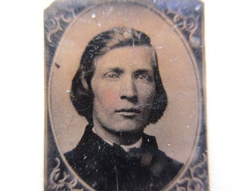 antique miniature gem tintype photo - 1800s, young man, floral oval frame