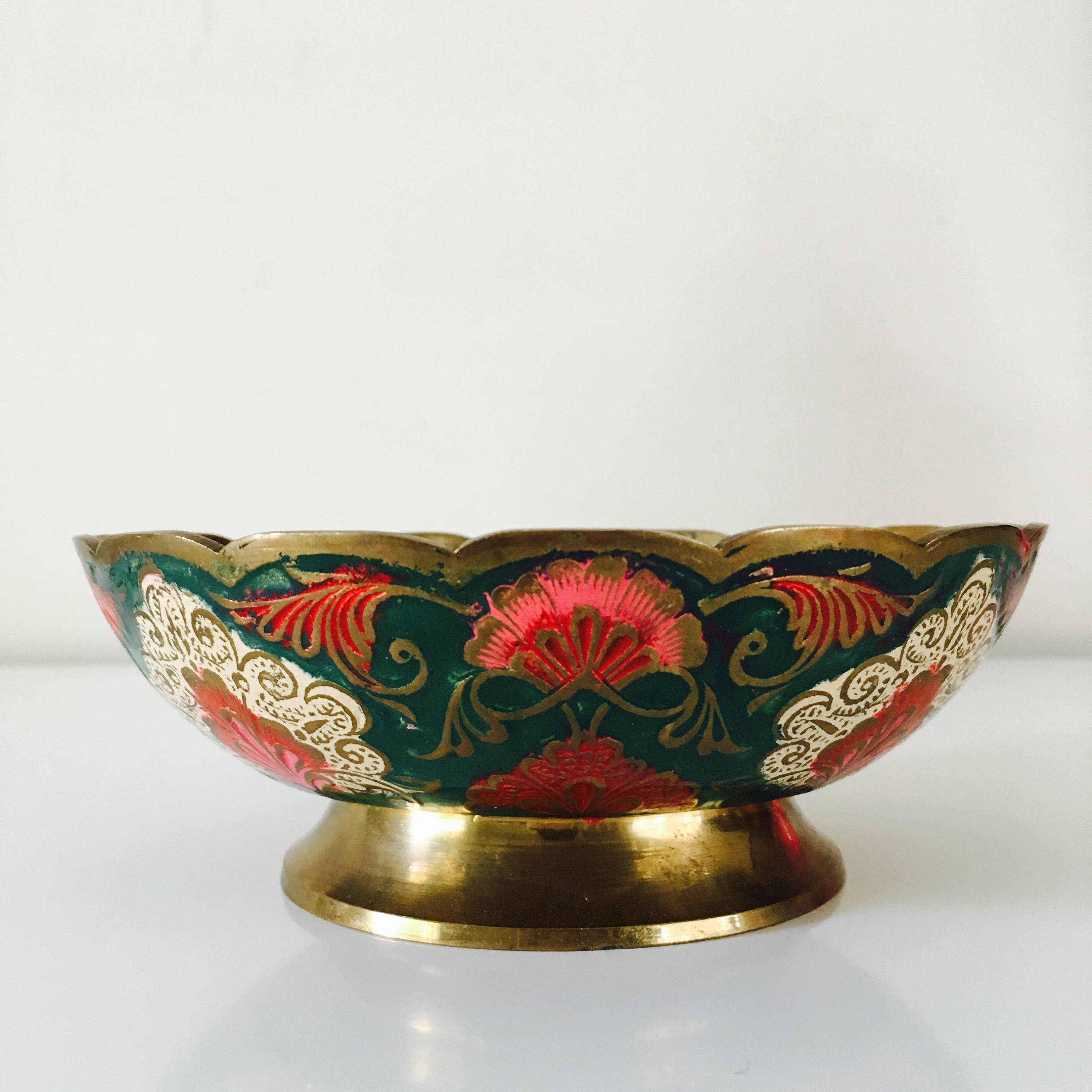 Vintage Green Enamel Brass Bowl Round Floral Decorative Metal