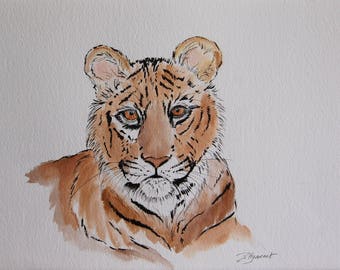 jeune tigre, félins, animaux, nature, art, dessin encre original signé
