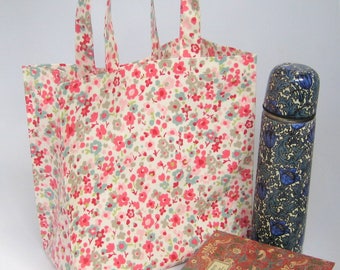 Oilcloth Tote Bag - Pretty Pink Flowers, Shopping Bag, Medium PVC Bag, Lunch Bag