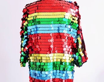 Rainbow multicoloured all over large sequin glitter shiny iridescent mermaid kimono trophy jacket cardigan burning man Coachella festival