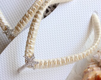 Bridal flip flops, Beach Wedding sandals, Flat wedding shoes, Bridal slippers, ivory satin footwear, starfish flip flops, wedding flip flops