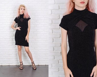 Vintage 80s Black Mini Dress Glitter Mesh Cutout Stretch Party Small S 9875