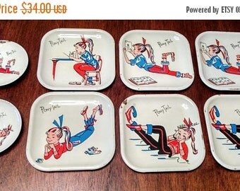 SALE 20% OFF Vintage Collection of 8 Barbie Ponytail 1950s Tin Metal Collector's Dishes