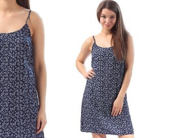 Grunge Mini Dress 90s Floral Print Sun Navy Blue White Bohemian Sundress 1990s Spaghetti Strap Vintage Summer Boho Shift Tank Rayon M to L