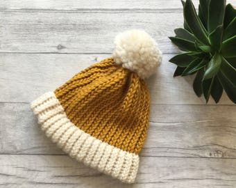 Mustard and cream knitted hat, chunky knit accessories, knit accessories, chunky knit hat, autumn hat, etsy uk, chunky hat, mustard hat UK