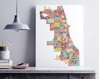 Chicago Canvas Art, Typography Map Art Formed from Chicago Neighborhoods, Chicago Wall Decor, Stretched Gallery Wrap Canvas Print