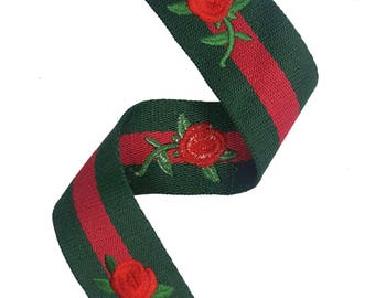 Striped Red Green Trim Ribbon, Petersham Grosgrain Ribbon Trim with Embroidered Flowers, DIY Choker Trim, DIY Belt Trim