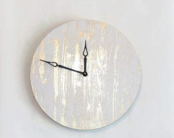Wall Clock, Gold and White Clock, Woodgrain, Wood Clock, Housewarming Gift, Home and Living, Home Decor, Decor and Housewares, Gift