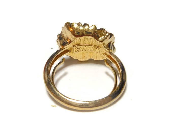 FREE SHIPPING Avon floral ring, Avon 1976 Flowerblaze, ruffled flower ring, adjustable shank, clear rhinestone offset, adjustable 6 to 7