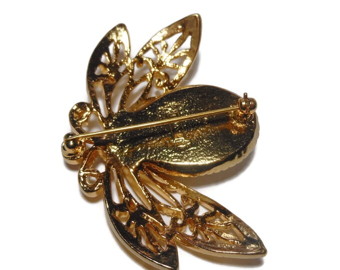FREE SHIPPING Avon bee brooch, "Nature's Flight" pin, large honey bee pearl jelly belly, clear and amethyst rhinestones, 1992 filigree wings