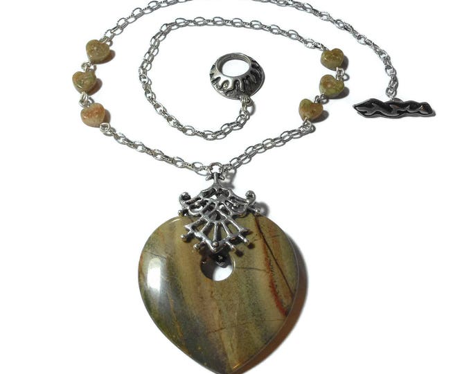 Jasper heart pendant, reversible Red Creek Jasper go-go, large ornate bail, small wire wrapped Autumn Jasper hearts, silver plated chain