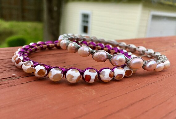 Purple Wire Wrapped Yellow Tibet Faceted Beaded Bangle