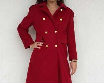 Deep red 80s Christian Dior designer wool coat wih gold hardware