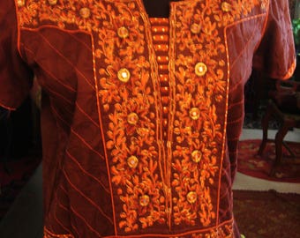 Vintage Brown and Orange Afghani Boho Gypsy Dress