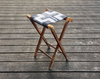 Vintage Camp Stool - Wool Seat - Cross Native Geometric Tribal