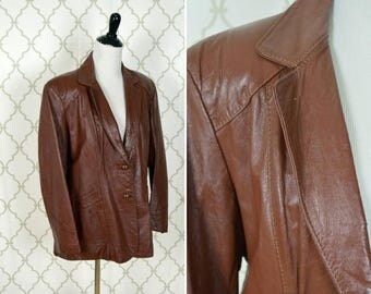 SUMMER SALE Vintage 1970's Brown Leather Blazer - two button rich brown soft leather Jacket - Size Medium -Small
