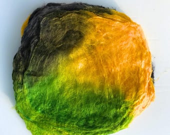 Hand Dyed Silk Fiber Mawata Silk Hankies for Felting, Spinning, Knitting. YELLOW, GREEN , and GREY.