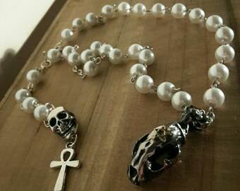 Rosary chaplet Egyptian ankh ♰666 Vampire Skull Bat 666♰ pentagram ivory pearls