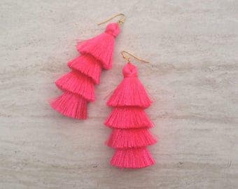 Hot Pink Tiered Tassel Earrings, Stacked Tassle Earrings Layered Pink Tassel Earrings, Summer Earrings, Colorful, Trendy,Lightweight 3" Drop