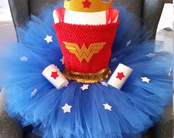 Wonder Girl Woman Tutu Dress Costume with Cuffs and Headband Red and Royal Blue