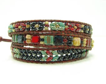 Black Beaded Leather Wrap Bracelet, Turquoise Green Superduo Beaded Wrap Bracelet, Southestern Style Beaded Triple Wrap Bracelet