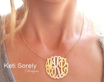 Monogram Necklace - Personalized Initials Necklace in Two Tone (Order Any Initials) Yellow Gold or Rose Gold With Platinum Middle Initial