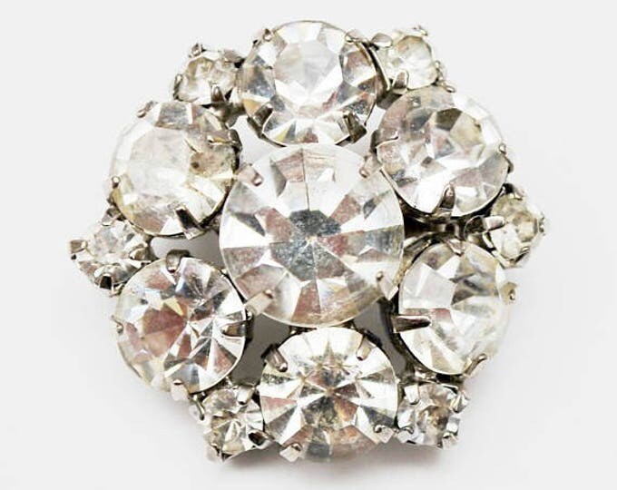 Rhinestone Atomic Brooch - Clear Crystal - silver metal - Snowflake pin