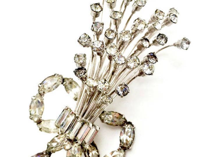 Rhinestone Flower spray brooch- ice crystal -Mid Century flora pin