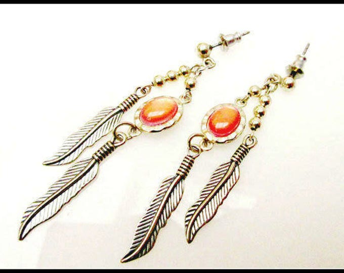 Sterling peach agate Feather earrings -signed WM Co - Native American = pierced dangle