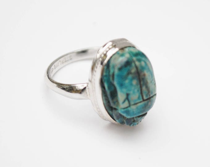 Carved Scarab Sterling ring - Blue ceramic - Egyptian Revival - Turquoise Beetle - size 5 silver ring