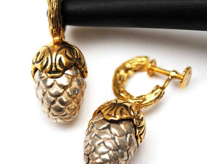 Vermeil Acorn Earrings - Vintage sterling silver - gold plated - Screw back earrings